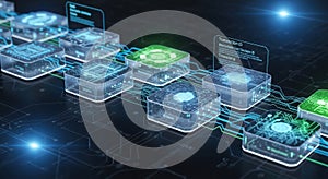 Abstract digital network of glowing cubes representing data flow and technological connections