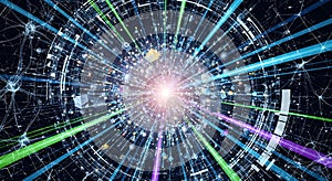 Abstract Digital Network with Glowing Data Stream and Interconnected AI Elements