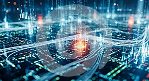 Abstract digital network with glowing data streams and binary code technology