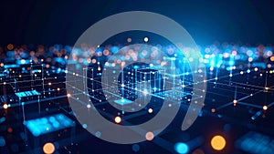 Abstract digital network with glowing lines and dots representing data flow and technology