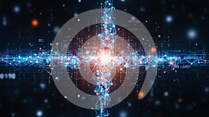 Abstract digital network with glowing nodes and binary code data streams technology