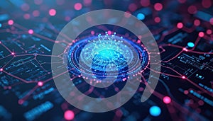 Abstract digital network with glowing nodes, connecting lines. Represents complex data streams, artificial intelligence