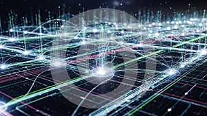 Abstract digital network with glowing nodes and interconnected lines on a dark grid background