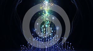 Abstract Digital Network with Glowing Particles and Light Trails technology data