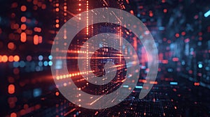 Abstract digital network with glowing red and blue lights.