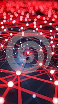 Abstract digital network with glowing red connections and spheres on a dark background