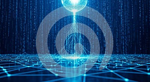 Abstract Digital Network with Glowing Sphere and Binary Code Rain technology connection