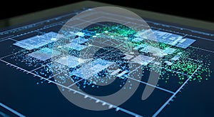 Abstract digital network graph with connected nodes and data points on a dark screen