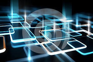 Abstract Digital Network Grid with Glowing Blue Squares and Bright