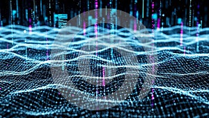 Abstract digital network grid with glowing data streams and binary code technology
