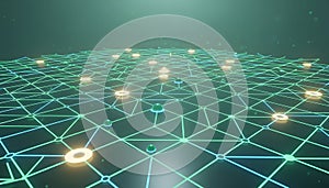 Abstract Digital Network Grid with Glowing Nodes and Interconnected Lines Representing Global Technology and Data Communication