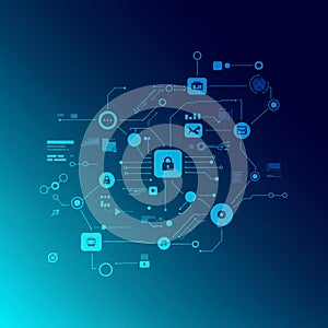 Abstract digital network illustration displaying a complex web of interconnected icons