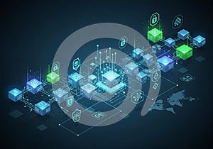 Abstract digital network illustration showcasing a complex system of interconnected 3D cubes and