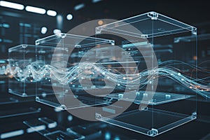 Abstract digital network with interconnected cubes and data streams