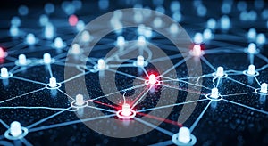 Abstract Global Network Connections, Blue Lights, Red Highlighted Nodes, Technology Concept