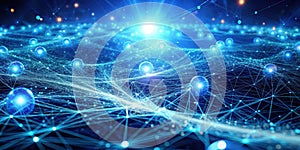 Abstract digital network of interconnected glowing nodes and lines representing global communication and data flow. Generative AI