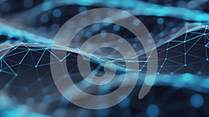 Abstract digital network of interconnected hexagons and triangular patterns against a dark background.