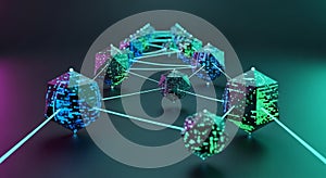 Abstract Digital Network of Interconnected Nodes and Data Blocks
