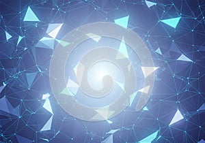 Abstract digital network with interconnected triangles and nodes on a blue gradient background.