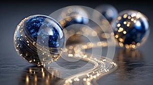 Digital network concept with glowing blue spheres and light path