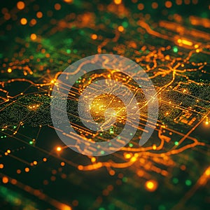 Abstract Digital Network Map with Glowing Orange Lines and Dots.