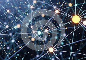 Abstract digital network pattern featuring interconnected nodes of varying sizes,