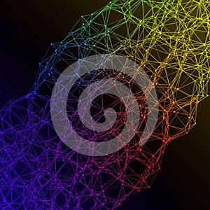 An abstract digital network pattern featuring interconnecting lines and nodes, forming