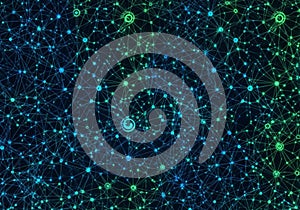 Abstract digital network pattern with interconnected nodes and lines on a dark