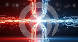 Abstract digital network with red and blue light streams converging at a central point