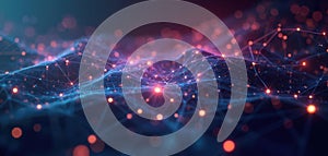 Abstract digital network structure with glowing nodes and lines. Futuristic data flow visualization, cybernetic mesh waves,