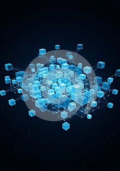 Abstract digital network structure with interconnected blue cubes
