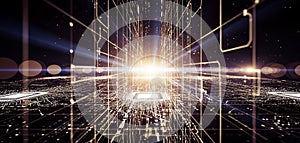 Abstract digital network tunnel with bright light and geometric structures