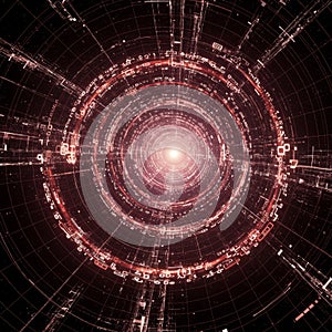 Abstract Digital Network Tunnel with Glowing Red Circles