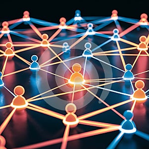 Abstract digital network visual featuring multiple interconnected with small icons representing users