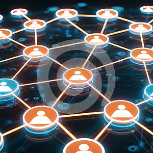 Abstract digital network visual featuring multiple interconnected with small icons representing users