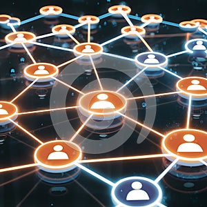 Abstract digital network visual featuring multiple interconnected with small icons representing users