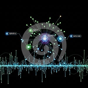 Abstract digital network visualization on a black background