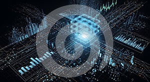 Abstract digital network visualization with data charts and glowing central processing unit