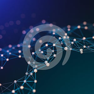 Abstract digital network visualization featuring interconnected nodes and lines. The