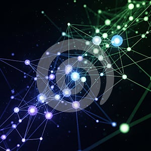 An abstract digital network visualization featuring interconnected nodes and lines