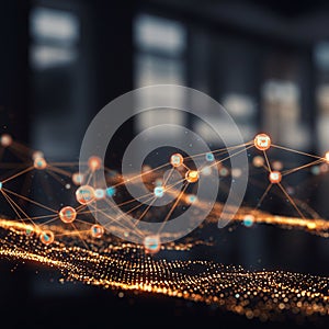 Abstract digital network visualization featuring interconnected nodes and lines,