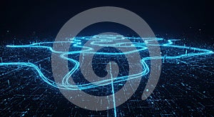 Abstract digital network visualization with glowing blue lines and data flow