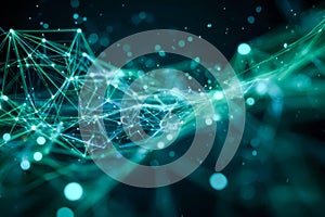 Abstract digital network visualization with glowing interconnected nodes and dynamic light trails representing data flow and