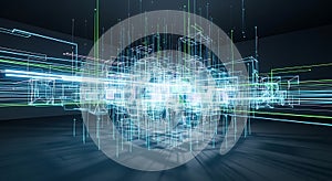 Abstract digital network visualization with glowing lines and interconnected geometric shapes