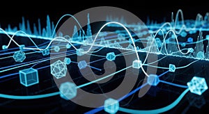 Abstract digital network visualization with interconnected nodes and data flows