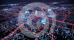 Abstract Digital Network Visualization with Red Lines and Blue Lights data