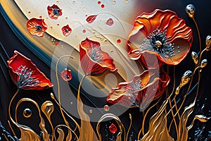 Abstract Digital Oil Painting of Red Poppy Flowers .AI generated Illustration