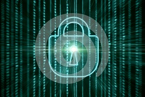 Abstract digital padlock on  coding language background. Technology and web access concept. 3D Rendering