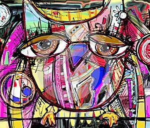 Abstract digital painting artwork of doodle owl photo