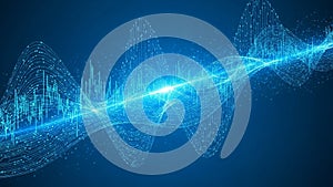 Abstract digital visualization of sound waves and data streams in bright blue